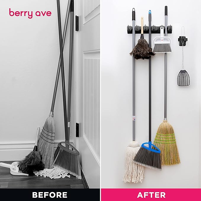 Combo 5 Slot Broom Holder w/ 1 Self Adhesive Mop Gripper No-Drilling, Wall Mount Tool Organizers For Kitchen, Garage, Laundry Room- Anti-Slip Hanger For Brooms, Mops, Rakes, Dustpans (Black / Black)-NeatNest
