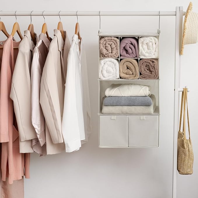 GRANNY SAYS Hanging Closet Organizer with Drawers, 4 Shelf Dividers Closet Hanging Organizer, Foldable Hanging Shelves for Clothes Organizer, Small Closet Organizers and Storage, Beige-NeatNest