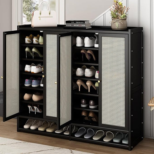 Bamboo Shoe Cabinet, 8-Tier Shoe Storage Cabinet with Doors, Freestanding Bamboo Shoe Rack Organizer with Shelves for Entryway, Hallway, Closet, Living Room (Black)
