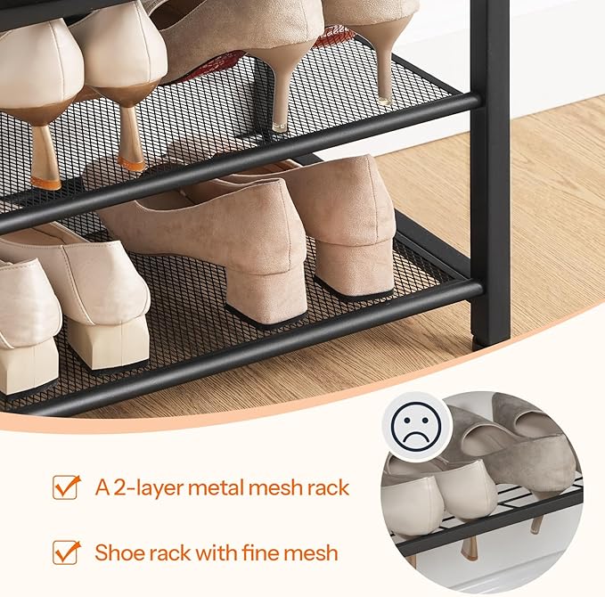 HOOBRO Small Shoe Bench, 3-Tier Shoe Rack, Shoe Storage Bench with PU Seat Cushion, Entryway Shoe Rack Bench with Metal Mesh Shelves, Freestanding Shoe Organizer for Hallway, Brown CB33HX01