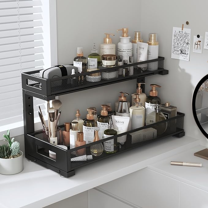 2 Pack 19IN Depth Under Sink Storage Organizer, Large 2-Tier Elegant Mesh Pull Out Shelf for Kitchen and Bathroom Cabinet Organization, L-Shaped and Adjustable Height Design-Black-NeatNest