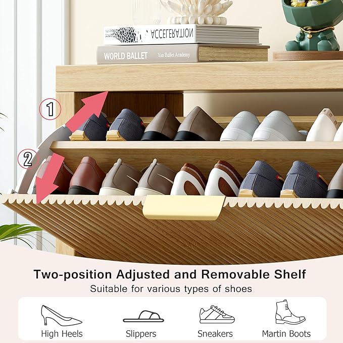 Modern 2-Tier Flip Drawer Shoe Cabinet, Freestanding Hidden Slim Narrow Shoe Rack Cabinet, Wooden Large Capacity Shoe Storage Cabinet Shoe Organizer, for Entryway, Hallway, Natural X2-NeatNest