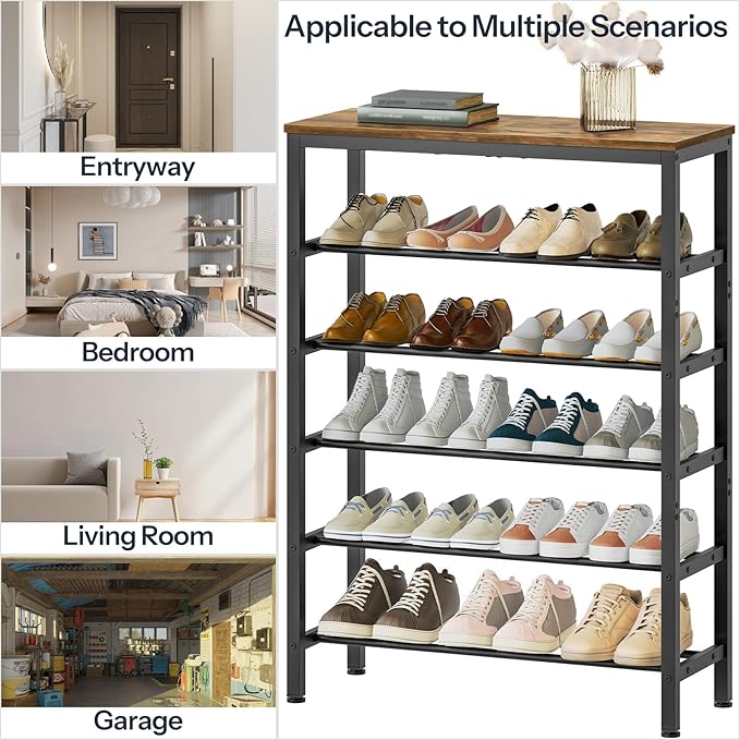6 Tier Tall Shoe Rack, Large-Capacity Storage Organizer, Free Standing Shoe Shelf for Closet, Adjustable Metal Shoe Racks for 24 Pairs of Shoes, Rustic Brown and Black SS76BR-NeatNest