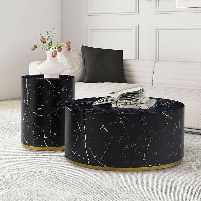 kevinplus BlackRound Coffee Table Side End Table Set of 2 for Living Room, Modern Contemporary Circle Drum Style, Gold Rim Bottom & Faux Marble Grain, No Assembly (Black, 2-Pcs)