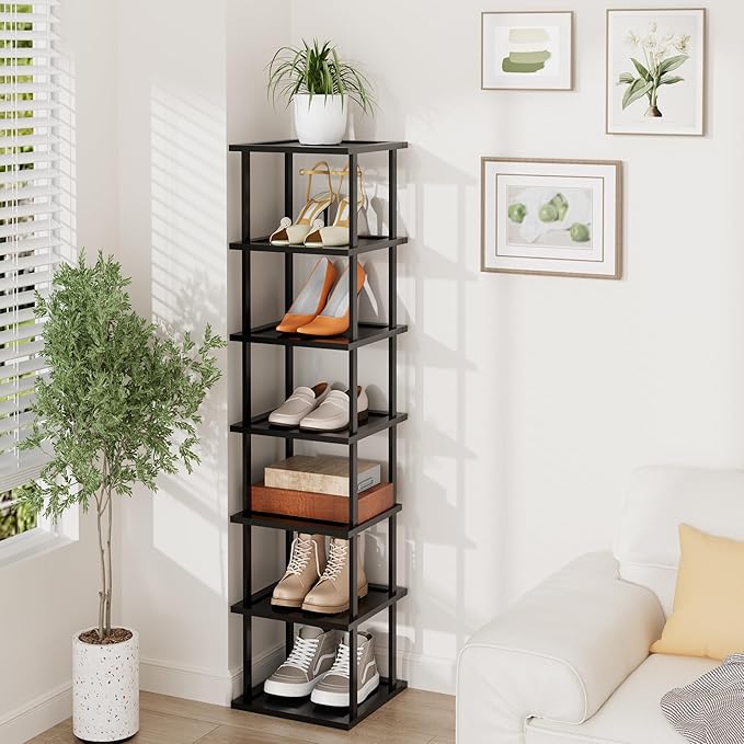 Vertical Tall Shoe Rack Organizer for Entryway -7 Tier Free Standing Slim Narrow Bamboo Wood Corner Stackable Shoe Boots Storage Stand Small Spaces for Closet Garage Cloakroom Living Room (Black)-NeatNest