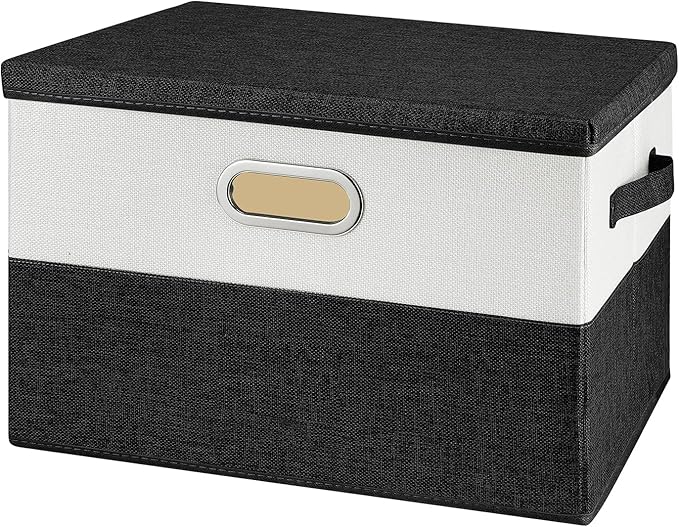Large Linen Fabric Foldable Storage Bins with Removable Lid and Handles, Washable Storage Box Organizer Containers Baskets Cube with Cover for Bedroom,Closet,Office,Nursery(Black&White, Large)-NeatNest