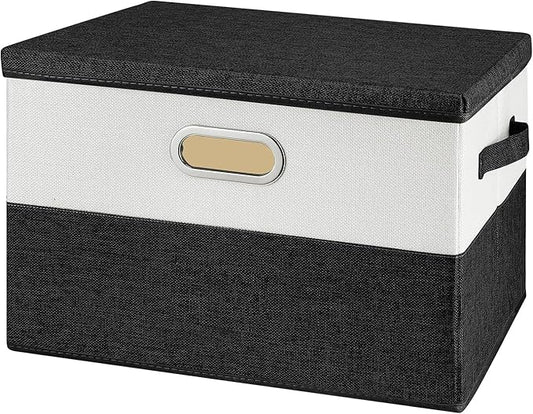 Large Linen Fabric Foldable Storage Bins with Removable Lid and Handles, Washable Storage Box Organizer Containers Baskets Cube with Cover for Bedroom,Closet,Office,Nursery(Black&White, Large)-NeatNest