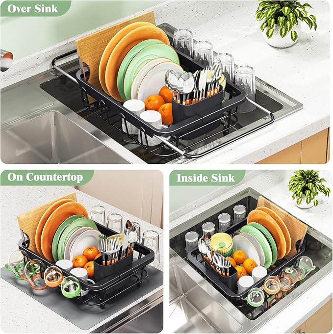 Expandable Dish Drying Rack Over The Sink, Adjustable Dish Rack in Sink, Rustproof Dish Drainer for Kitchen Counter, Dish Strainer with Utensil Holder, Standard Size