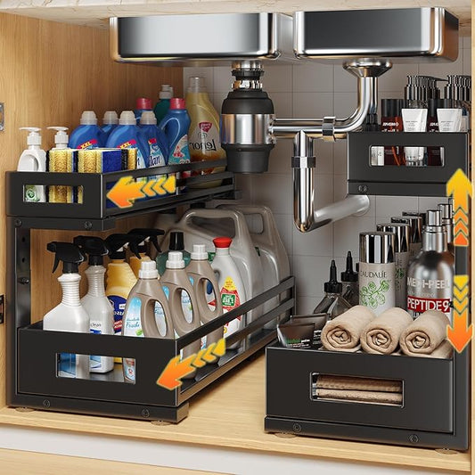 2-Pack 19"Deep Under Sink Organizer And Storage, 2-Tier L-Shaped Pull Out Cabinet Organizer with Upgraded Slide Rails, Height Adjustable Drawers for Kitchen&Bathroom, Extra-Large Storage Shelves–Black-NeatNest