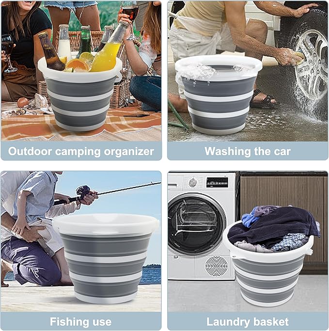 2 Pack Collapsible Bucket, 2.6 Gallon (10L) - Foldable Mop Bucket for House Cleaning, Car Washing, Camping - Portable Water Pail for Outdoor, RV, Travel (Grey, Round)-NeatNest