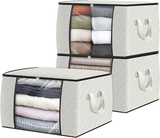 Fab totes 3 Pack Clothes Storage, Foldable Thick Fabric Blanket Storage Bags, Containers for Organizing Bedroom, Closet, Clothing, Comforter,Organization with Handle,Ivory White-NeatNest