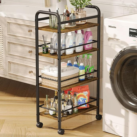 Slim Storage Cart, 4 Tier Small Rolling Bathroom cart Metal and Wood Skinny Utility Cart on Wheels for Narrow Kitchen Laundry Room Rustic Brown