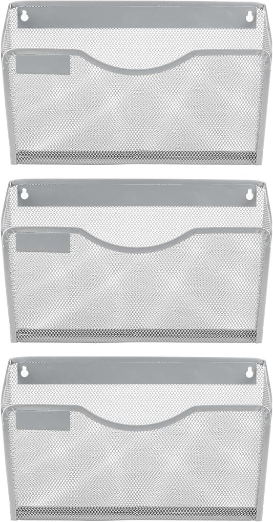 EasyPAG 3 Pack Wall File Holder with Label Panel, Single Mesh Hanging File Organizer for A4 Letter Size Paper, Wall Mount Paperwork Basket for Office, Home, School, Silver