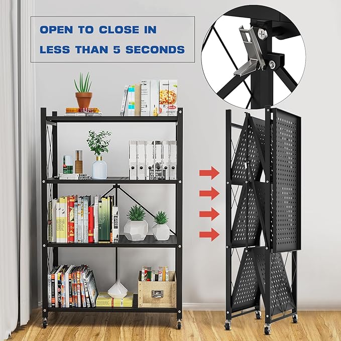 4-Tier Foldable Storage Shelf with Wheels – Heavy Duty Metal Collapsible Rolling Cart for Kitchen, Pantry, Closet, Office & Bathroom Organization, No-Assembly Storage Rack – Black Metal Shelf