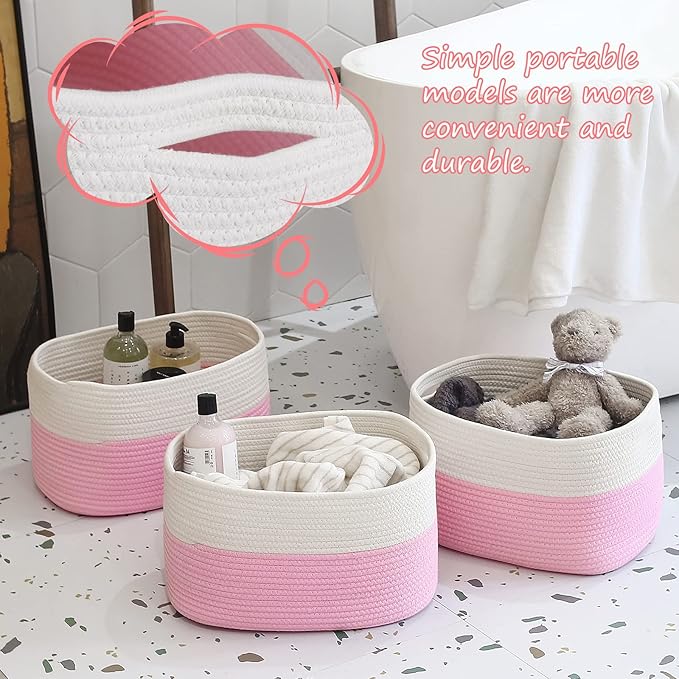 Cotton Rope Shelf Storage Basket, 15x10x9 in, Shelf Storage Baskets for Clothes, Toys, Towels, Books, Laundry (White/ Pink, 1 Pack)-NeatNest