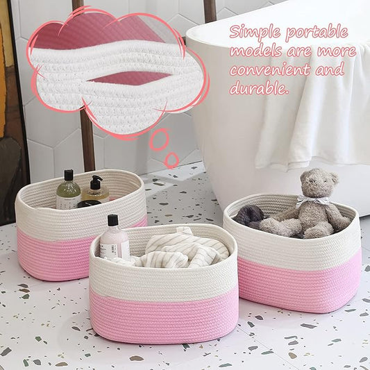 Cotton Rope Shelf Storage Basket, 15x10x9 in, Shelf Storage Baskets for Clothes, Toys, Towels, Books, Laundry (White/ Pink, 1 Pack)-NeatNest