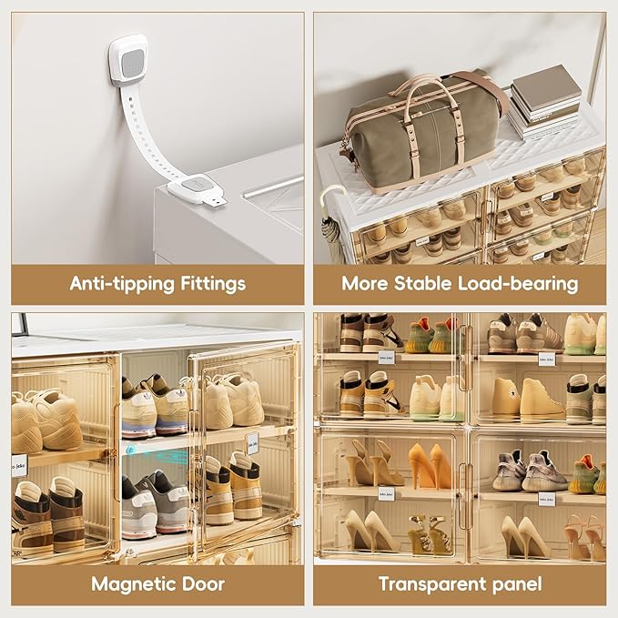 JEKO&JEKO 8 Tiers Foldable Shoe Rack Organizer Cabinet for Closet Entryway, Large Collapsible Shoe Storage Box with Magnetic Doors Fits Up to 32 Pairs (White)-NeatNest