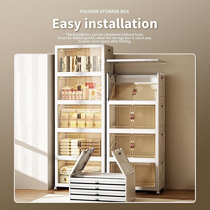 660 QT / 165 Gal Collapsible Storage Bins with Wheels & Magnetic Doors - Stackable Plastic Cabinet Organizer for Home, Garage, Closet (White Space-Saving Containers)-NeatNest