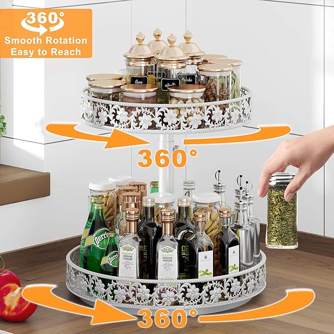 2 Tier Lazy Susan Organizer Turntable Adjustable,12 Inch Two Tier Lazy Susan Metal Easy Assembly Cleaning, Rotating Spice Rack Organizer for Cabinet Dining Table Kitchen Countertop White-NeatNest
