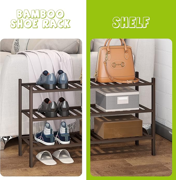 BMOSU 3-Tier Bamboo Shoe Rack Premium Stackable Shoe Shelf Storage Organizer for Hallway Closet Living Room Entryway Organizer (Brown Bamboo)-NeatNest