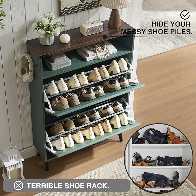 Shoe Storage Cabinet,Farmhouse Shoe Organizer with 2 Flip Drawers & Barn Door Design,Freestanding Hidden Slim Narrow Shoe Rack Cabinet with Open Storage for Entryway, Foyer,Hallway,Green-NeatNest