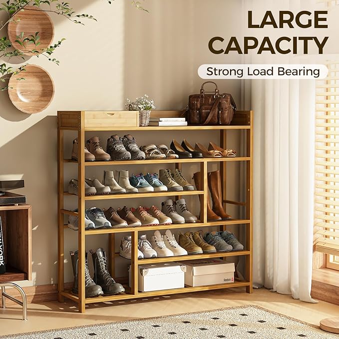 Bamworld Shoe Rack for Front Door Entrance Bamboo Shoe Organizer with Storage Box Free Standing Shoe Cabinet Shoe Storage Shelf for entryway, Closet and Doorway (Natural)-NeatNest