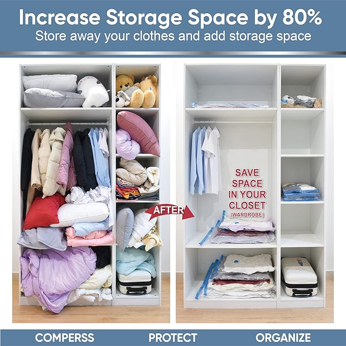 Space Saver Vacuum Storage Bags, 6 Pack Combo (2 Jumbo/2 Large/2 Medium) Space Saver Bags with Pump, Storage Vacuum Sealed Bags for Clothes, Comforters, Blankets, Bedding-NeatNest