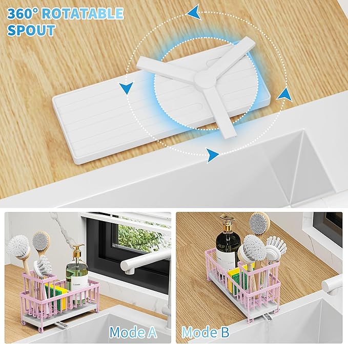 Cisily Pink Sponge Holder for Kitchen Sink, Sink Caddy Organizer with High Brush Holder, Countertop Organizers and Storage Essentials, Rustproof 304 Stainless Steel, Pink kitchen Accessories and Decor-NeatNest