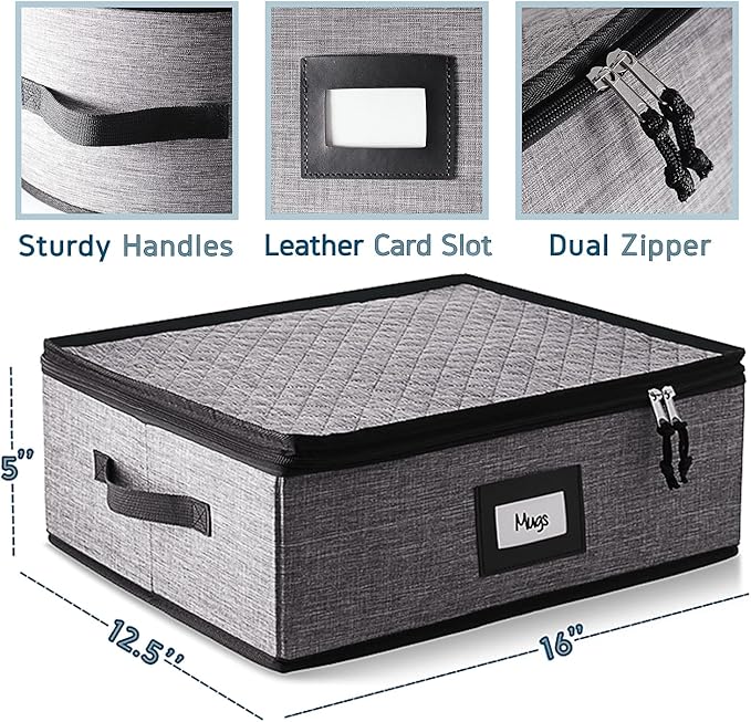 Coffee Mug Storage, 2 Pack Quilted and Stackable Coffee Cup Storage Organizer for Service of 24, Mug Storage Box with Dividers, China Containers Hard Shell for Moving and Organization, Grey-NeatNest