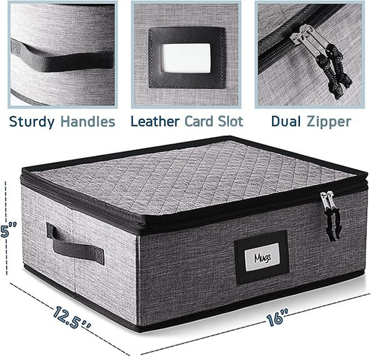 Coffee Mug Storage, 2 Pack Quilted and Stackable Coffee Cup Storage Organizer for Service of 24, Mug Storage Box with Dividers, China Containers Hard Shell for Moving and Organization, Grey-NeatNest