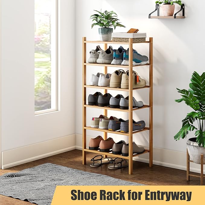 6-Tier Small Shoe Rack for Entryway, Stackable | Heavy Duty | Multi-Function, Bamboo Free Standing Shoe Racks for Bedroom Hallway Closet-NeatNest
