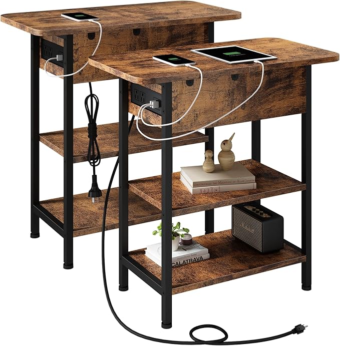 LIDYUK Set of 2 Brown End Tables with Charging Station, Narrow Side Tables for Small Spaces, Nightstands, Living Room, Brown