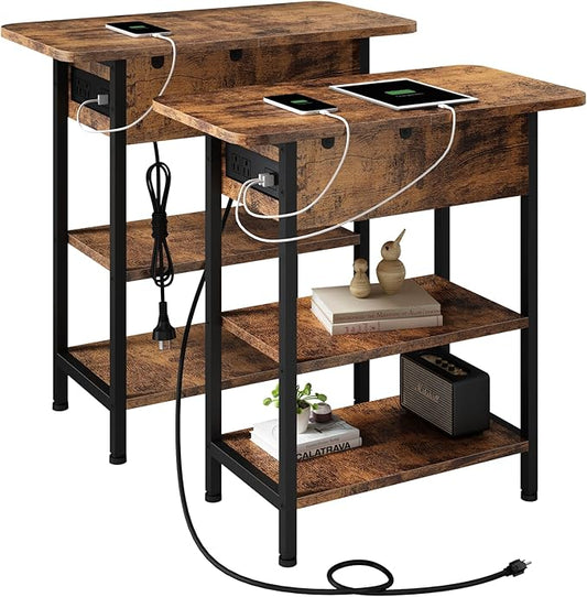 LIDYUK Set of 2 Brown End Tables with Charging Station, Narrow Side Tables for Small Spaces, Nightstands, Living Room, Brown