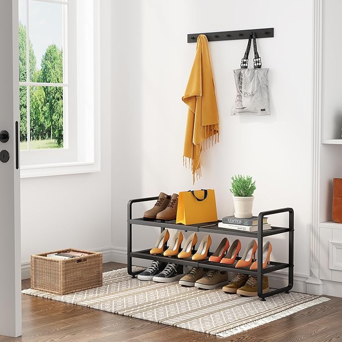 Shoe Rack - Expandable Shoe Organizer for Closet, Adjustable Metal Shoe Shelf Storage, 2 Tier Stackable Long Shoe Stand Holder for Garage, Entryway, Door Entrance, Black-NeatNest