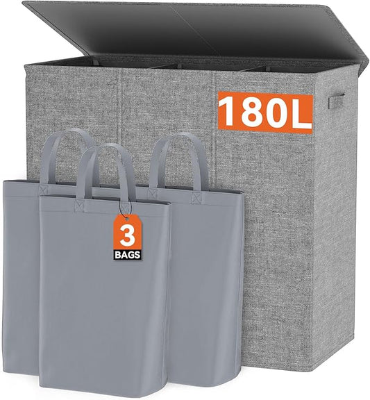 WOWLIVE 180L Laundry Hamper with Lid 3 Section,Large Laundry Basket with Removable Bags and Handles,Collapsible Dirty Clothes Hampers for Laundry,Laundry Basket Organizer for Laundry Room,Dorm,Grey-NeatNest