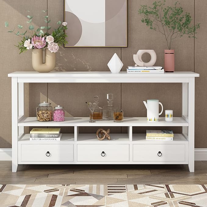 Karl home Console Table with 3 Bottom Drawers, 57.9" W Sofa Side Table Entryway Desk with 3 Storage Cubbies 1 Open Shelf, Vintage TV Stand for Hallway Living Room Office, White 29.9" H-NeatNest