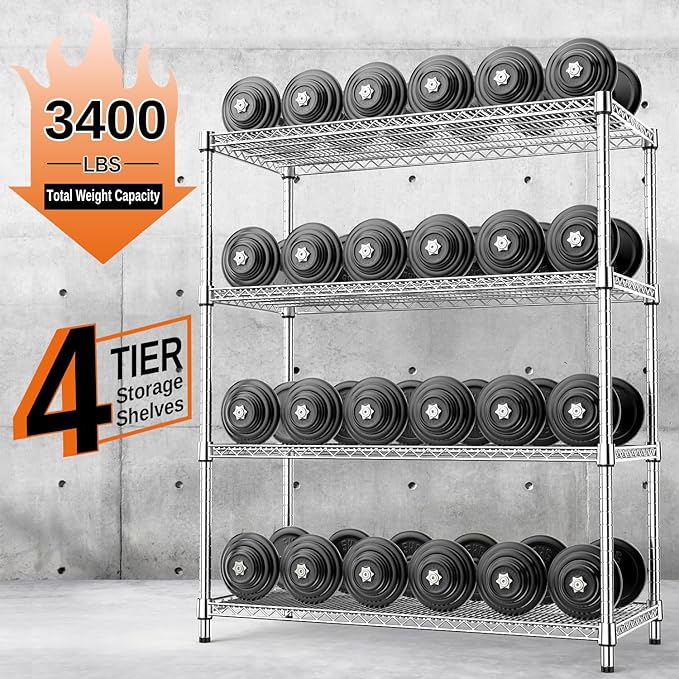 IZEUK 3400 LBS Garage Shelving Wide Storage Shelves 4 Tier Metal Shelves Heavy Duty Adjustable Utility Shelf Rack Chrome 17.7" D x 47.2" W x 70.4" H-NeatNest