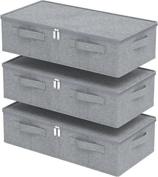 Underbed Storage Box, Foldable Under Bed Bins Container, Fabric Closet Organizer with Lid, for Clothes, Sheets, Blankets, 23.6x11.8x5.9in, Grey, 3 Pack-NeatNest
