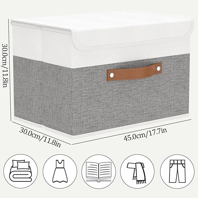OUTBROS Large Cube Storage unit Boxes, Collapsible Bin with Lid, Linen Fabric Wardrobe Organiser, Baskets For Towels, Clothes, 17.7 x 11.8 x 11.8 inch (White/Grey, 3-Pack)-NeatNest