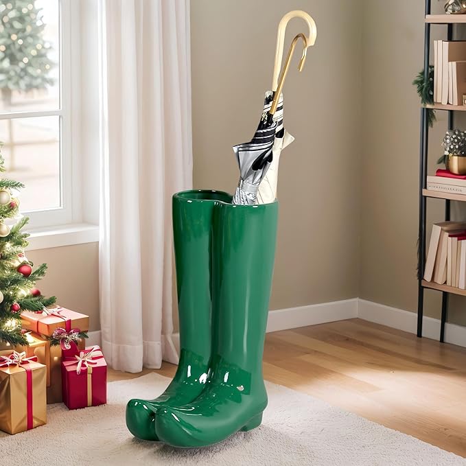 Green Umbrella Holder Stand 20" H Modern Style Floor Vase Glossy Ceramic Entryway Organizer for Multiple Umbrellas for Storaging Canes Walking Sticks