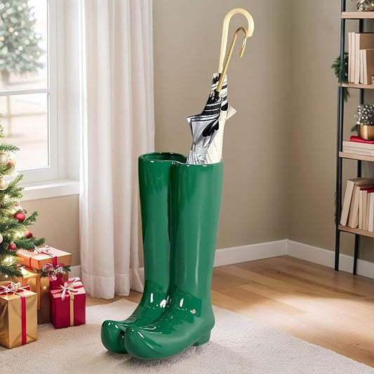 Green Umbrella Holder Stand 20" H Modern Style Floor Vase Glossy Ceramic Entryway Organizer for Multiple Umbrellas for Storaging Canes Walking Sticks