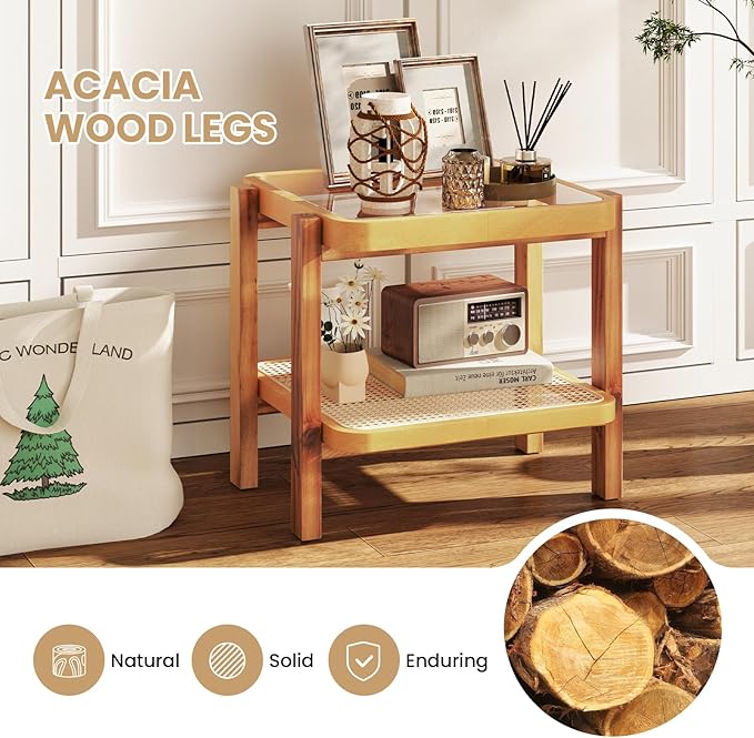GOFLAME Rattan End Table, Boho Nightstand with Tempered Glass Top, Rattan Storage Shelf, Solid Wood Legs, Sofa Side Accent Table, 2 Tier Glass Side Table for Living Room, Bedroom, Natural