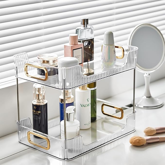 2-Tier Bathroom Counter Organizer Countertop Storage, Dresser Organizer Vanity Tray for Makeup, Perfume Organizer Cosmetics Skincare Shelf - Clear-NeatNest