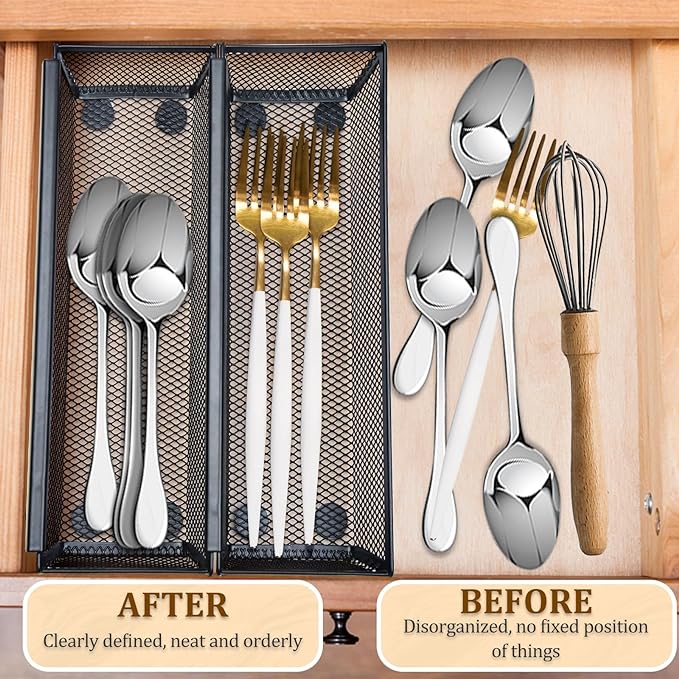 2PCS Drawer Organizer, Mesh Drawer Organizer with Interlocking Arm for Utensil, Cosmetic, Flatware, Pen (12 * 3 * 2 Inches, Grey)-NeatNest