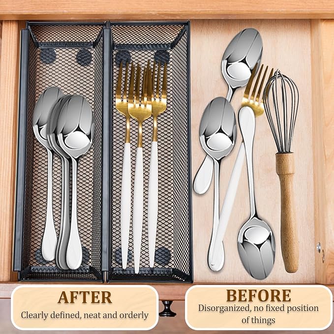 2PCS Drawer Organizer, Mesh Drawer Organizer with Interlocking Arm for Utensil, Cosmetic, Flatware, Pen (9 * 3 * 2 Inches, Black)-NeatNest