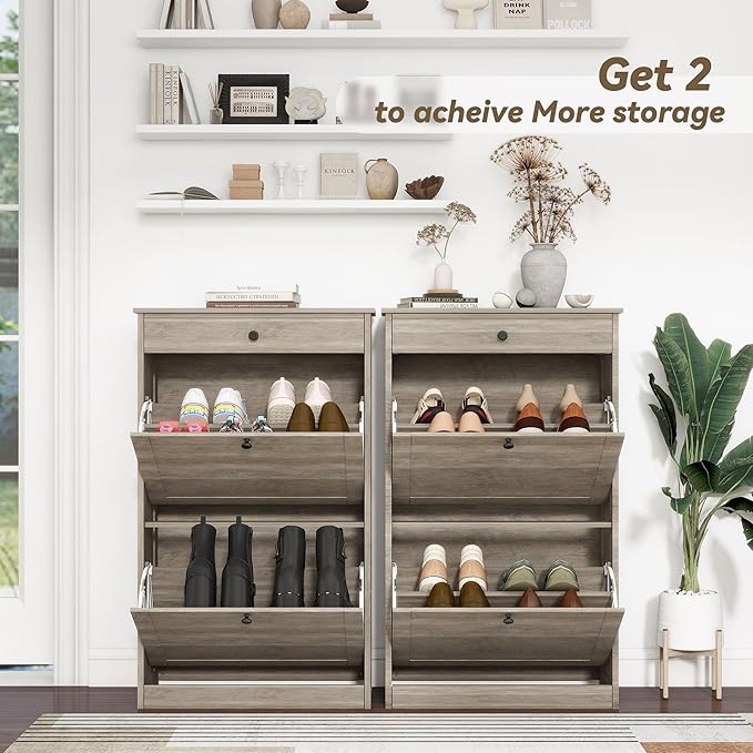 Shoe Cabinet with 2 Flip Drawers, Narrow Freestanding Shoe Storage Organizer, Slim Wooden Hidden Shoe Rack for Front Door Entrance, Closet, Hallway, Living Room, Rustic Gray-NeatNest