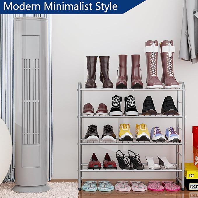 4-Tier Stackable Shoe Rack,Expandable & Adjustable Shoe Organizer Storage Shelf,High Capacity,Wire Grid,Silver-NeatNest