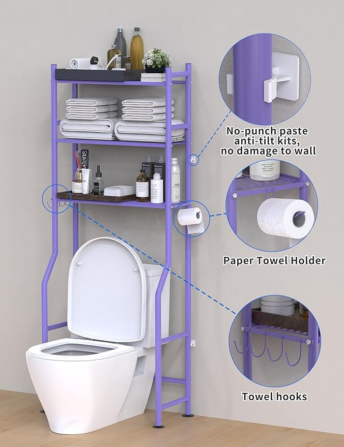 3-Tier Over The Toilet Storage, Freestanding Metal Bathroom Shelves with 4 Hooks, Over Toilet Storage Shelf with Paper Holder, Above The Toilet Shelf for Bathroom Storage, Purple-NeatNest