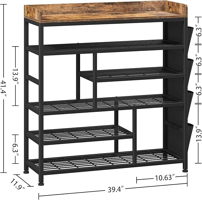 EnHomee Metal Shoe Rack for Entryway, 6 Tier Shoe Storage Organizer Holds 22 Pairs, Wooden Top and Side Pocket for Entry, Entrance, Hallway, Black-NeatNest