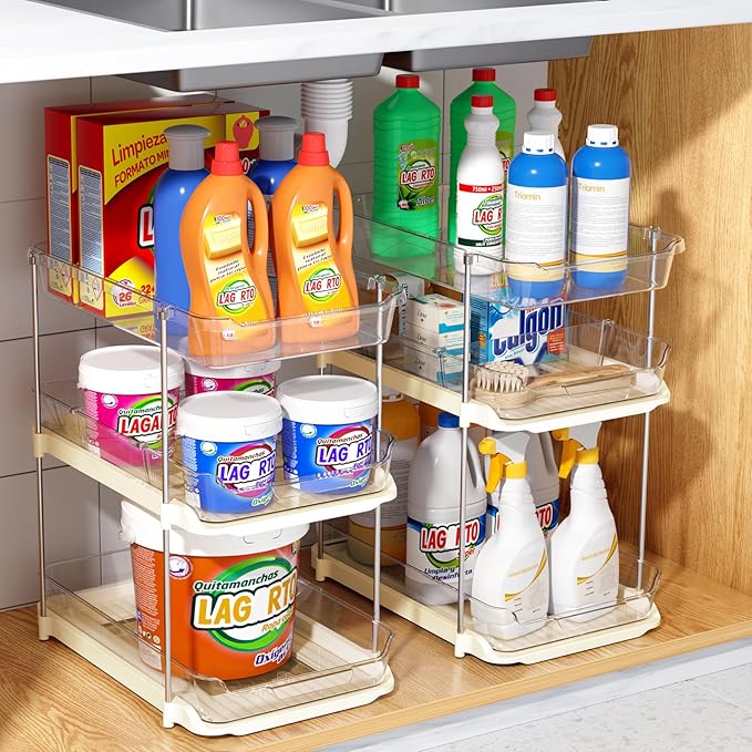 Delamu 2 Sets of 3-Tier Bathroom Under Sink Organizers and Storage, Multi-Purpose Stackable Pantry Organization and Storage, Beige-NeatNest